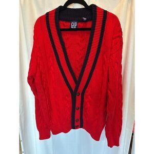Vintage Y2K Gap Cable Knit Cardigan Red & Navy Cotton, Preppy Varsity College XL